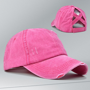 धोया रेट्रो क्रॉस होल ठोस रंग शरद ऋतु बेसबॉल कैप जिसमें पोनीटेल छेद pvc सामग्री 6-पैनल कस्टम - Product Image 6