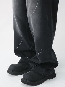 Pantalon blanc lavé noir peint à la bombe rétro décontracté mode de rue populaire personnalisé hommes jean Baggy droite coupe ample - Product Image 5