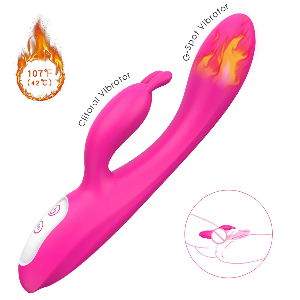 Consolador eléctrico de silicona con USB para mujer, juguete sexual con calefacción de Punto G y orejas de conejo
