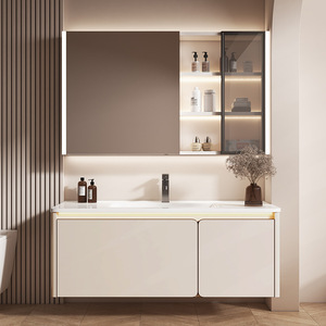 Moderno bianco crema bianco crema bagno vanità MDF carcassa con lavabo in ceramica lavabo specchio armadio per la casa - Product Image 6