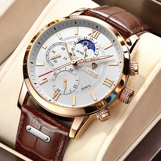LIGE LG8932 3 Subdials Brown Leather Watch for Men Vintage Luxury Roman Numeral Mens Watches+ Gift Box Relojes Para Hombres