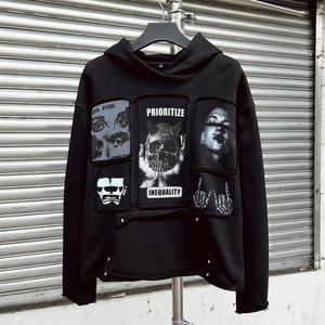 เสื้อมีฮู้ดผ้าฝ้ายสีดำสุดหรูจากดีไซเนอร์เสื้อมีฮู้ดปักลายงานเย็บปะติดแบบบ็อกซี่มีไหล่โอเวอร์ไซส์ - Product Image 1