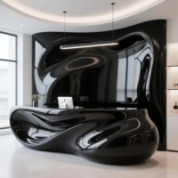 Bureau d'accueil moderne extensible en plastique PETG imprimé en 3D, géométrie complexe, noir, pour hôtel, bureau, immeuble commercial, centre commercial