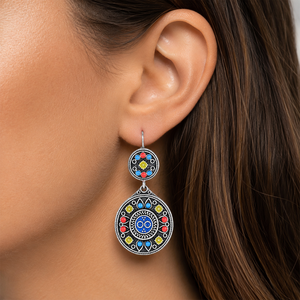 Orecchini vintage multicolori dipinti a mano blu-verdi, gioielli etnici da donna alla moda - Product Image 2