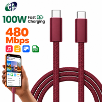 Kabel USB C ke USB C 100W dengan Jalinan Nilon Warna Merah Ceri Tua, Aluminium Alloy, PD Pengisian Cepat, Transfer Data 480Mbps, Kabel Tipe C