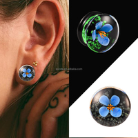 Evorte Verre Bleu Fleur Argent Plaqué Oreille Jauges Bouchons Tunnels Jauge Civière Double Extenseur Évasé 6mm-25mm