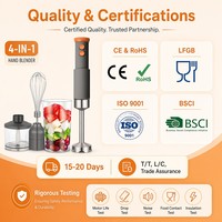 Mixeur Plongeant 600W 4-en-1 en Acier Inoxydable Chromé Robuste avec 2 Vitesses, Fouet, Hachoir et Bol – Certifié VDE pour Cuisine