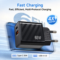 Adaptor Charger Cepat 65W GaN Tech PD4.0 PPS Tipe-C Tipe-A Dual Port Chip Cerdas Colokan EU untuk Rumah dan Kantor