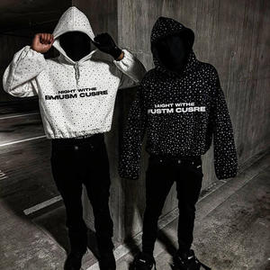 ストリートウェアカスタムヘビーウェイトコットンラインストーンロゴクロップドパーカー男性用特大パフ印刷ビンテージパーカー男性用 - Product Image 5