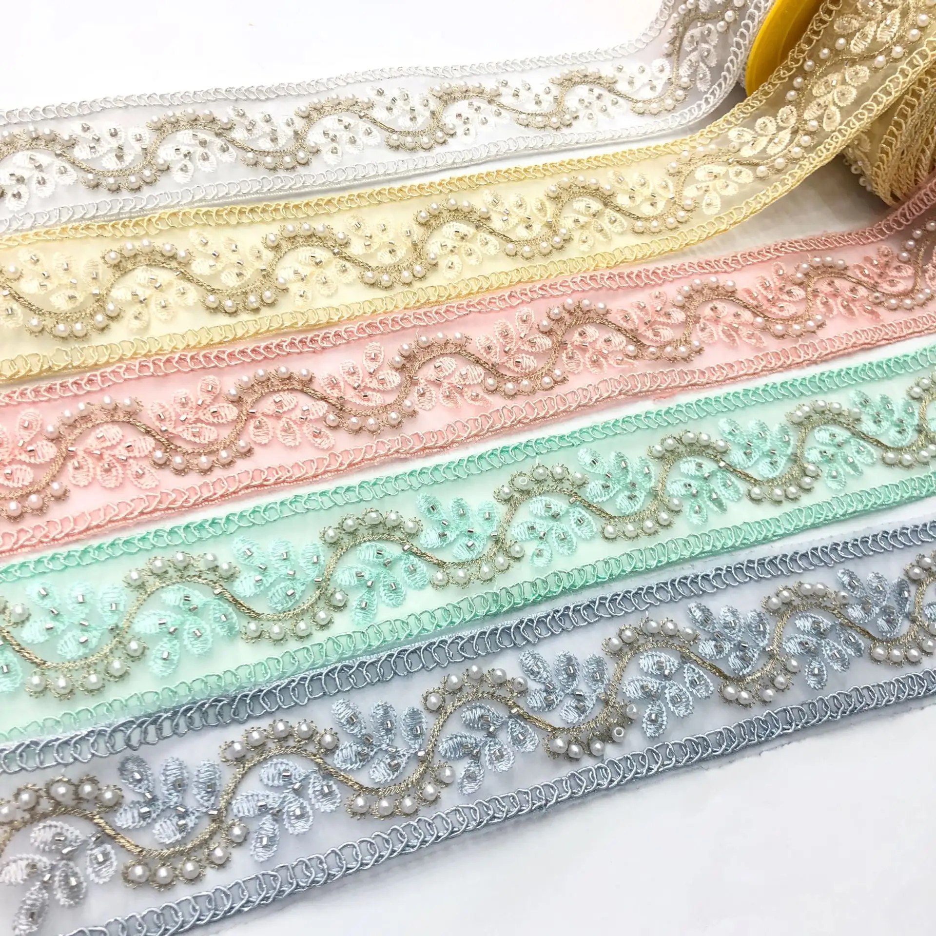 Fashion Colorful Light blue yellow pink sewing embroidery border bridal decorative lace organza trimmings for dress