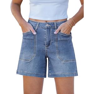 2025 Women's Trendy Mid Rise Casual Summer Denim <b>Jean</b> <b>Shorts</b> Skinny Fit Distressed Cut off with Button Decoration Pockets - Product Image 3