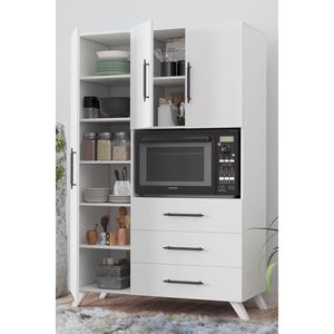Armoire de cuisine moderne de style antique, blanche, à 3 portes et 3 tiroirs, en bois et panneaux MDF, avec compartiment pour four à micro-ondes - Product Image 1