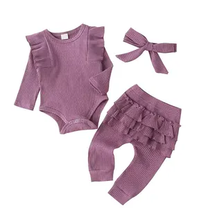 Organik pamuk nervürlü bebek tulumu ve pantolon seti pijama için bebek ruffled onesie set özel bebek kış romper ve pantolon seti s