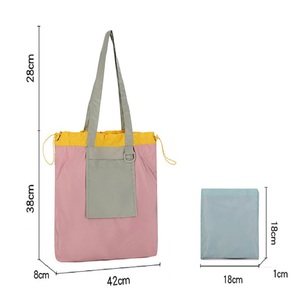 Foldable Tote Bag Color Block Drawstring Shoulder Bag Lightweight Nylon Reusable Shopping Bag Eco Friendly Portable Grocery Bag - Product Image 2