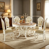Ensemble de table à manger en marbre de style rococo français, chaises en bois massif sculptées à la main, revêtement en cuir capitonné, meubles de salle à manger rotatifs pour la maison