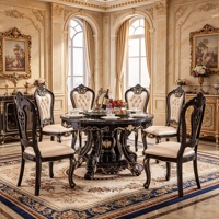 Luxuriöses Europäisches Rundes Massivholz-Esszimmer-Set mit Schwarzer Marmorplatte und Drehbarem Serviertablett, Cremefarbene PU-Lederstühle für Villen, Großhandel