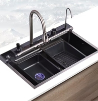 Évier de cuisine intelligent multifonction en acier inoxydable 304 avec affichage numérique à cascade et LED, grand évier simple OEM