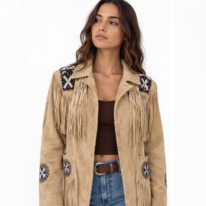 Veste à franges avec broderie, col rabattu, manches longues - Product Image 1
