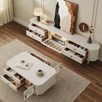 Conjunto de Mueble para TV y Mesa de Centro de Madera Sólida, Estilo Moderno, de Lujo, con Acabado Blanco Premium, Mueble de Almacenamiento con Bordes Curvos