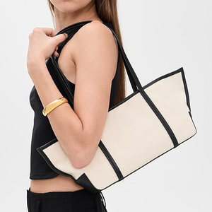 Custom DIY Women's Slim Bateau <b>Tote</b> <b>Bag</b> Lightweight Leather Trim Cotton Shoulder <b>Bags</b> Magnetic Closure <b>for</b> <b>Summer</b> Autumn Travel - Product Image 2