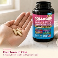 Capsules de collagène multi-sources à marque privée 14-en-1 avec 10 000 mcg de biotine, kératine et acide hyaluronique pour cheveux, peau et ongles