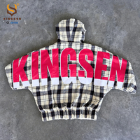 Sudadera con capucha de mezclilla con cremallera, de algodón personalizado, con efecto desgastado por el sol, a cuadros, de franela, con parche de chenilla, bordado y estampado, de doble capa, reversible y con lavado ácido.