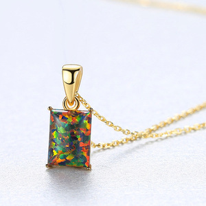 S925 Silver Blue Opal Pendant Necklace Rhodium Plated Claw Setting Square Classic Style Unisex Everyday Wear <b>Box</b> Chain - Product Image 5