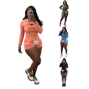 夏秋女装休闲货运2件套实心连帽上衣 + 罗纹连身衣搭配套装 - Product Image 1