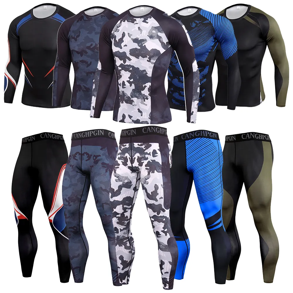 New Wholesale Fall Winter Men Sportswear Gym Compression Suit Running Fitness Workout Long Sleeve Tops Leggings Set