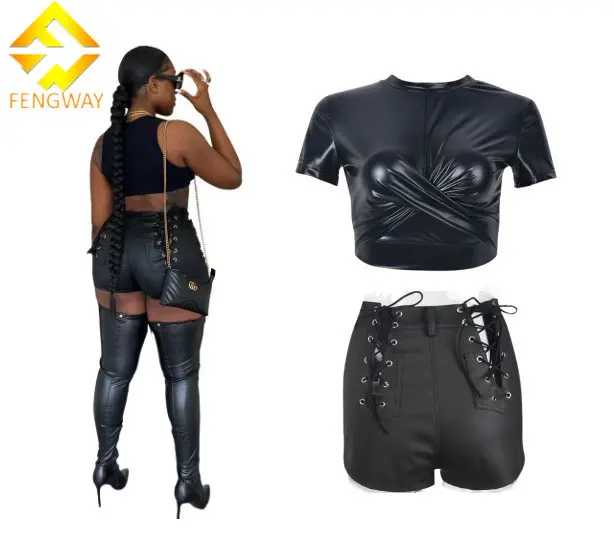 Fengway 2023 Summer Fashion Women High Waist hollow out Bandage Shorts Streetwear Faux Pu Leather Shorts+ PU leather crop top