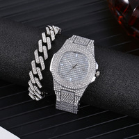Set Hadiah Promosi Jam Tangan Kalender Tali Baja Berlian Penuh Fashion, Gelang Hip Hop Langit Berbintang, Jam Tangan Berlian untuk Pria Wanita