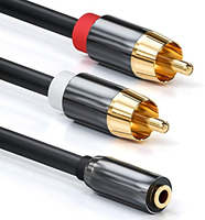 Câble adaptateur audio plaqué or 3,5 mm femelle auxiliaire vers 2 RCA avec gaine en PVC pour lecteur DVD, ordinateur portable, tablette, smartphone