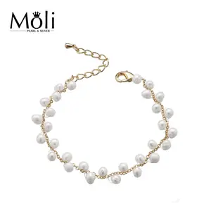 Romantic Rose Gold Plated Silver Chain Genuine 5-6mm Rice Freshwater White Pearl Bracelet Fashion Jewelry for Wedding Bride