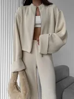 Ensemble Automne-Hiver pour Femmes DN - Nouvelle Veste à Fermeture Éclair, Pantalon à Jambes Larges, Pull en Tricot Doux à Manches Longues, Style Décontracté