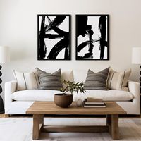 Décoration murale abstraite moderne minimaliste en lignes noires et blanches sur toile, 12x16 pouces, encadrée en bois, lot de 2 pour salon et chambre à coucher