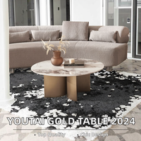 Table basse ronde moderne 2025 avec plateau en pierre, structure en métal doré et panneau en bois, mobilier pour hôtel et salon