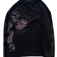 T-shirt unisexe à manches longues en maille gaufrée, style streetwear américain tendance, imprimé floral et lettres, col rond, décontracté, vente en gros