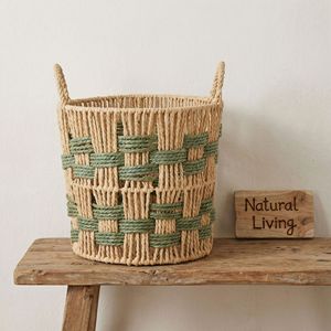 Round Woven <b>Storage</b> <b>Basket</b> With Green <b>Rope</b> Detail For Home Decor And Clothing Organizer Standing Type Handmade - Product Image 4