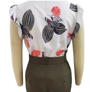 Ensemble 2 pièces d'été pour femme avec haut imprimé à manches feuille de lotus et pantalon décontracté avec ceinture - Product Image 6