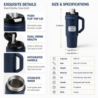 Bouteille isotherme en céramique de 1200 ml avec couvercle à paille et poignée, isolation 24 heures, capacité maximale, pour voiture et bureau, personnalisable avec logo
