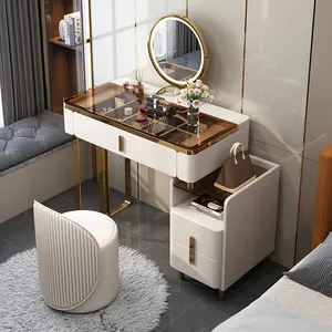 Luxury Bedroom Furniture Dressing Table Solid Wood Vanity Table Leather Makeup Table Beige With LED Round Mirror And Drawers