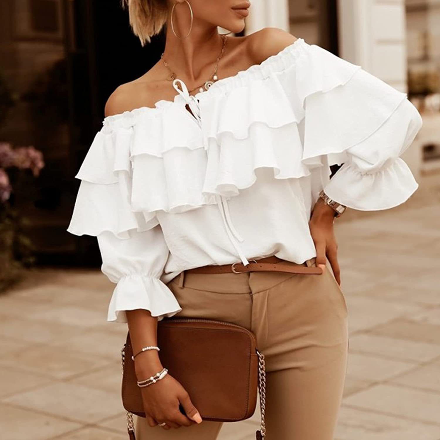Casual Loose Half Sleeved Tops with Elastic Shoulder Straps