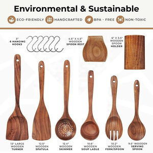 High Quality Natural Teak Acacia Wooden Kitchen Utensils <strong>Set</strong> 9-Piece Dishwasher <strong>Microwave</strong> Safe Eco-Friendly Home Cookware Tools - Product Image 4