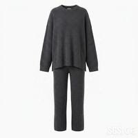 Ensemble 2 pièces côtelé épais uni pour femme, pull oversize à col rond avec fente latérale et pantalon droit 500 GSM OEM S-5XL Toutes tailles