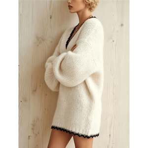 V Neck Contrast Trim Knit <b>Mini</b> Dress Women's Sweater Dress Size S Multicolor - Product Image 3