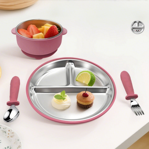Ensemble de repas pour bébé et tout-petit en acier inoxydable de qualité alimentaire avec ventouse en silicone amovible personnalisable - Product Image 1