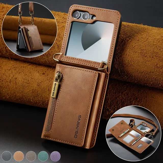 2 in 1 Luxury PU Leather Flip Phone Case for Samsung Galaxy Z Flip 7 6 5 4 3  Magnetic Wallet Card Solt Zipper Lanyard Cover