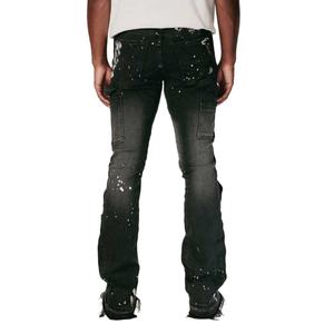 Jeans évasés vintage noirs à effet éclaboussures de peinture en denim personnalisés en gros pour hommes - Product Image 6