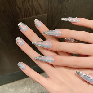 Unghie Finte Asimmetriche Fatte a Mano, Corte Quadrate e Lunghe Appuntite, Effetto Gelatina Nude Aurora Sirena, Nail Art Stile Y2K con Stelle - Product Image 4
