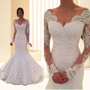 Robes de mariée de luxe en dentelle blanche à sequins, col en V, manches longues, style sirène, coupe brésilienne - Product Image 1